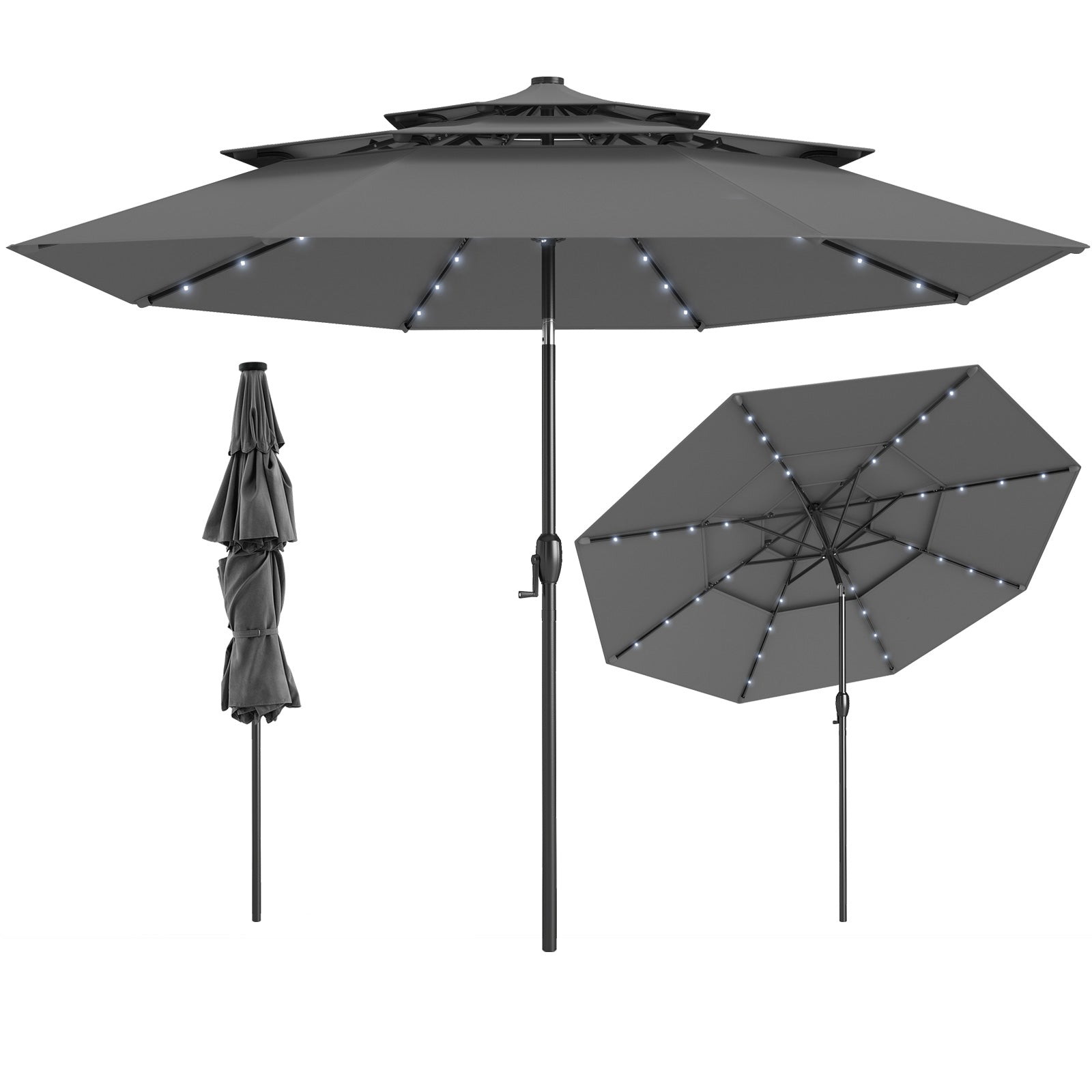 3m Solar Patio Umbrella w/ 32 LED Lights, 3-Tier Vented Top