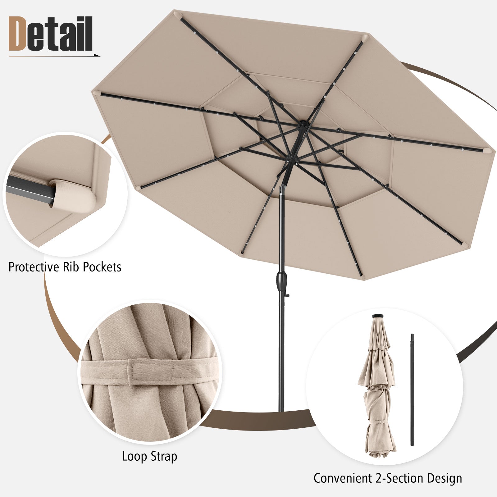 3m Solar Patio Umbrella w/ 32 LED Lights, 3-Tier Vented Top