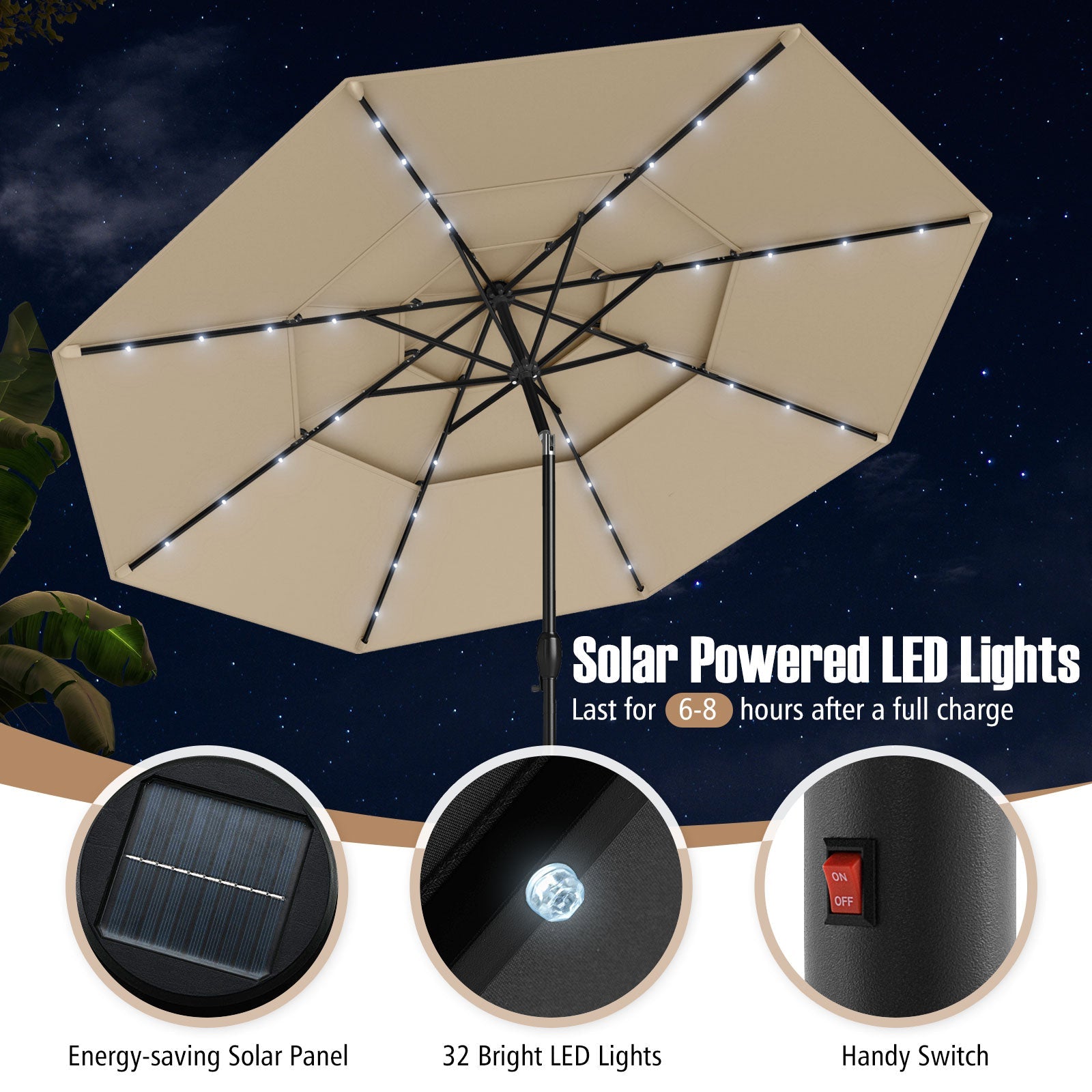 3m Solar Patio Umbrella w/ 32 LED Lights, 3-Tier Vented Top