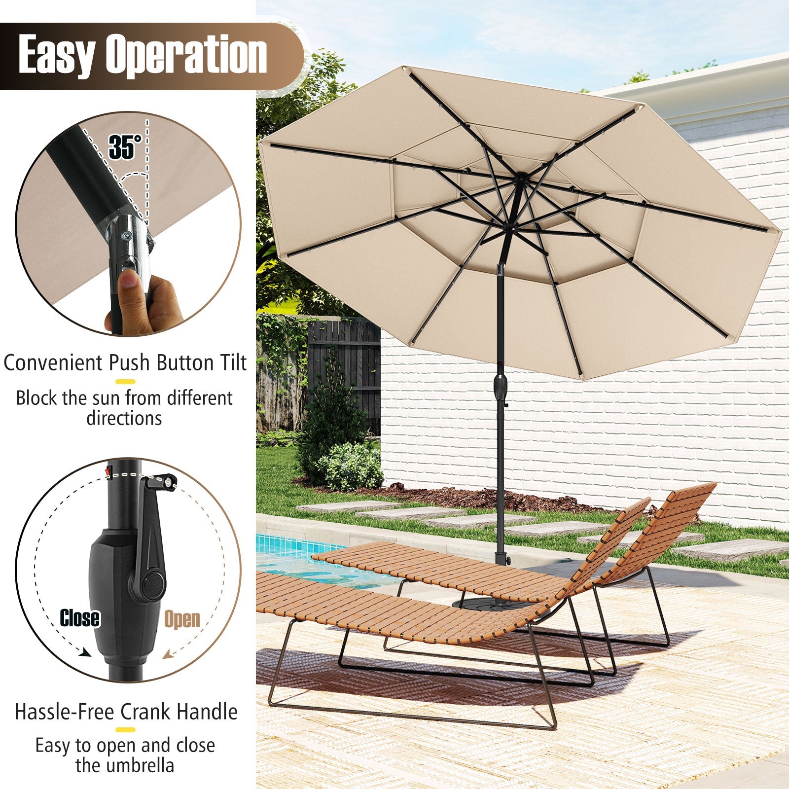 3m Solar Patio Umbrella w/ 32 LED Lights, 3-Tier Vented Top