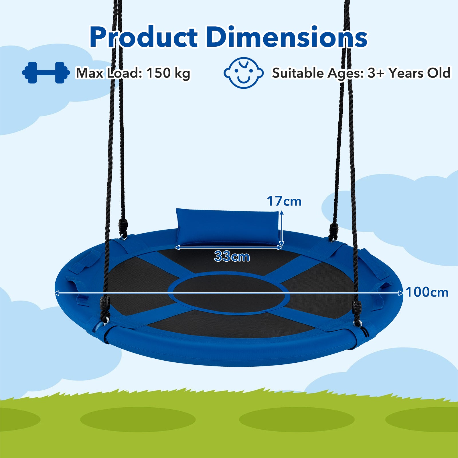 100 cm Tree Swing, Outdoor Saucer Flying Swing w/Soft Headrest, Built-in Handles and Adjustable Hanging Straps