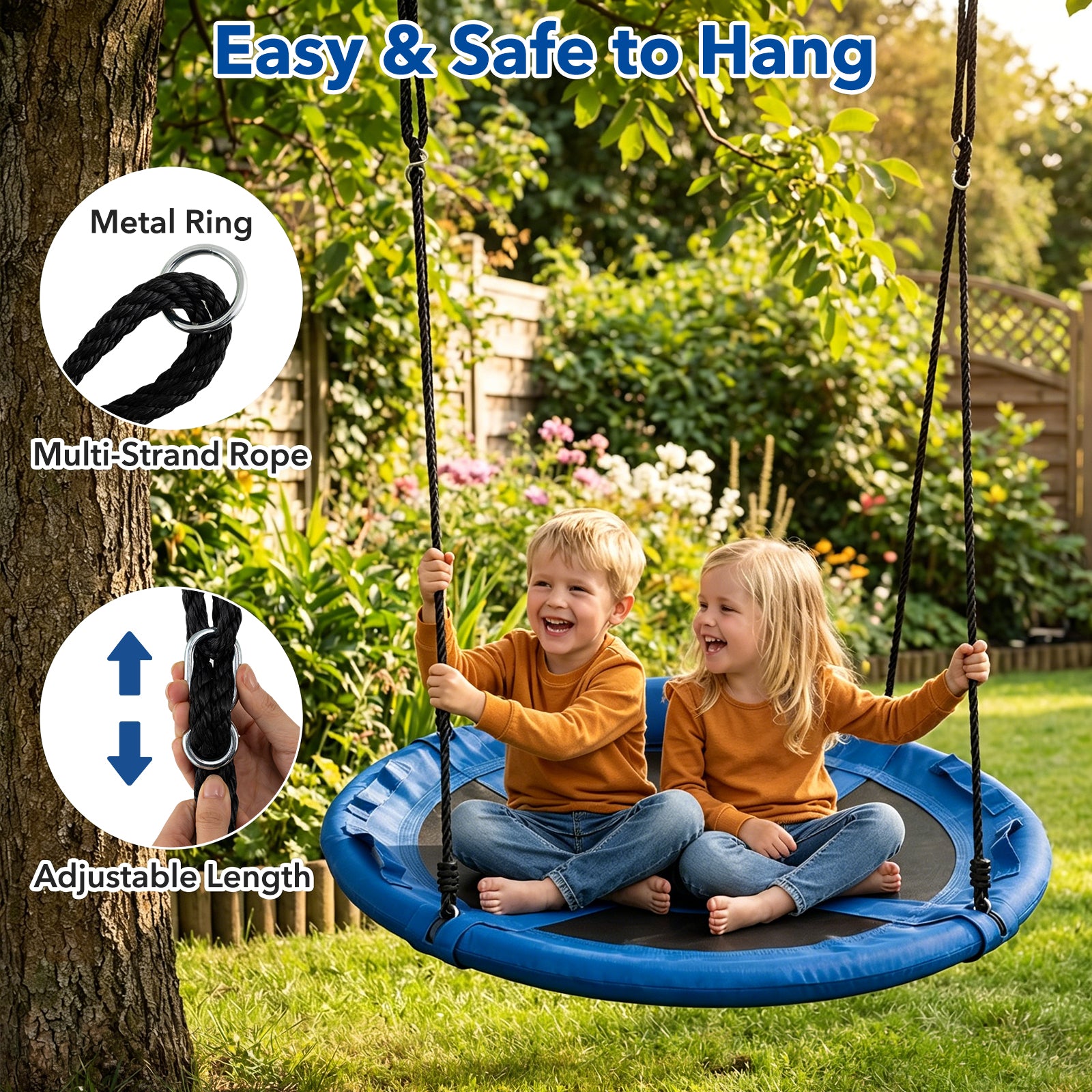 100 cm Tree Swing, Outdoor Saucer Flying Swing w/Soft Headrest, Built-in Handles and Adjustable Hanging Straps