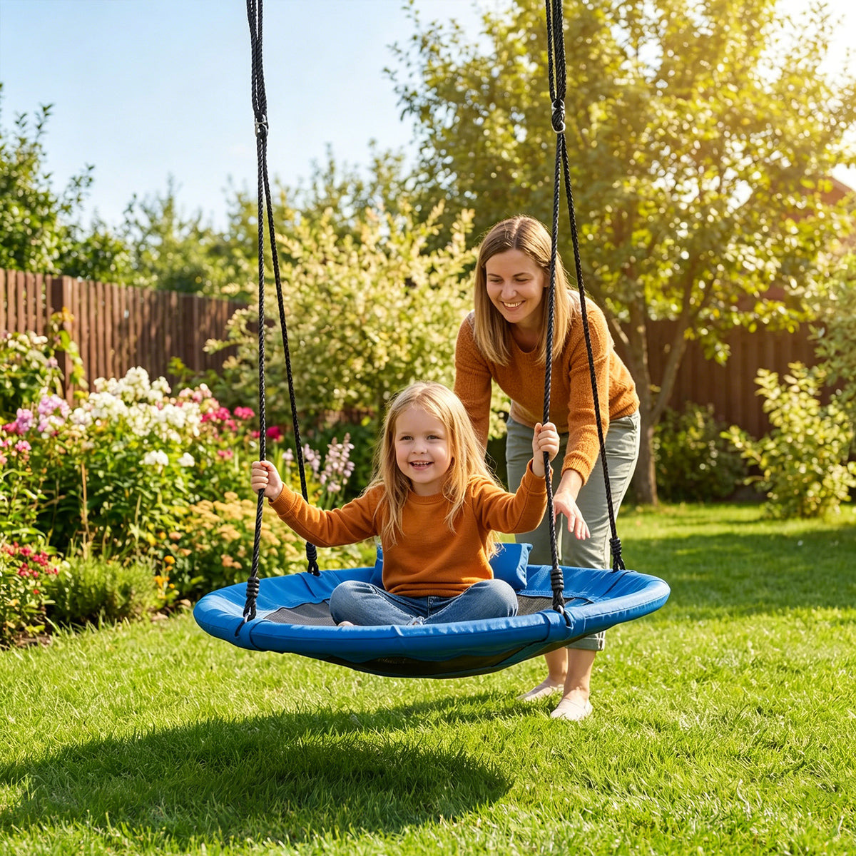 100 cm Tree Swing, Outdoor Saucer Flying Swing w/Soft Headrest, Built-in Handles and Adjustable Hanging Straps