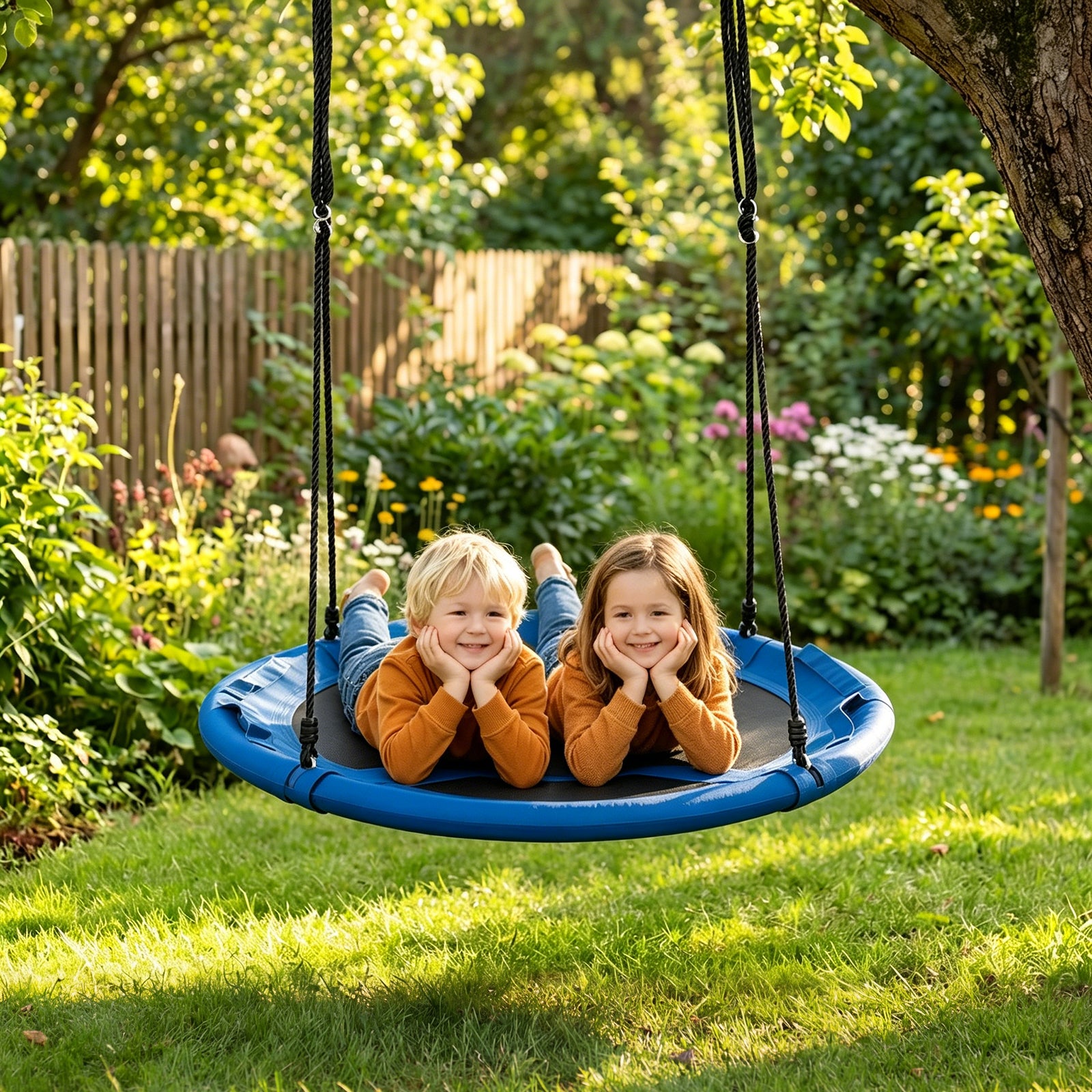 100 cm Tree Swing, Outdoor Saucer Flying Swing w/Soft Headrest, Built-in Handles and Adjustable Hanging Straps