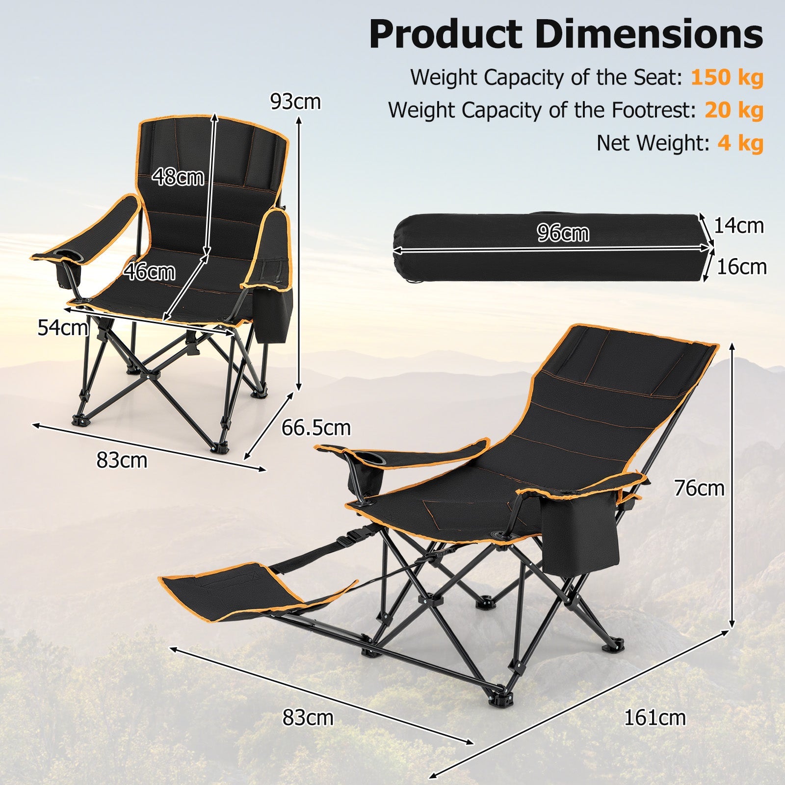 Folding Camping Chair with Footrest, Camping Lounge Chair with Adjustable Backrest