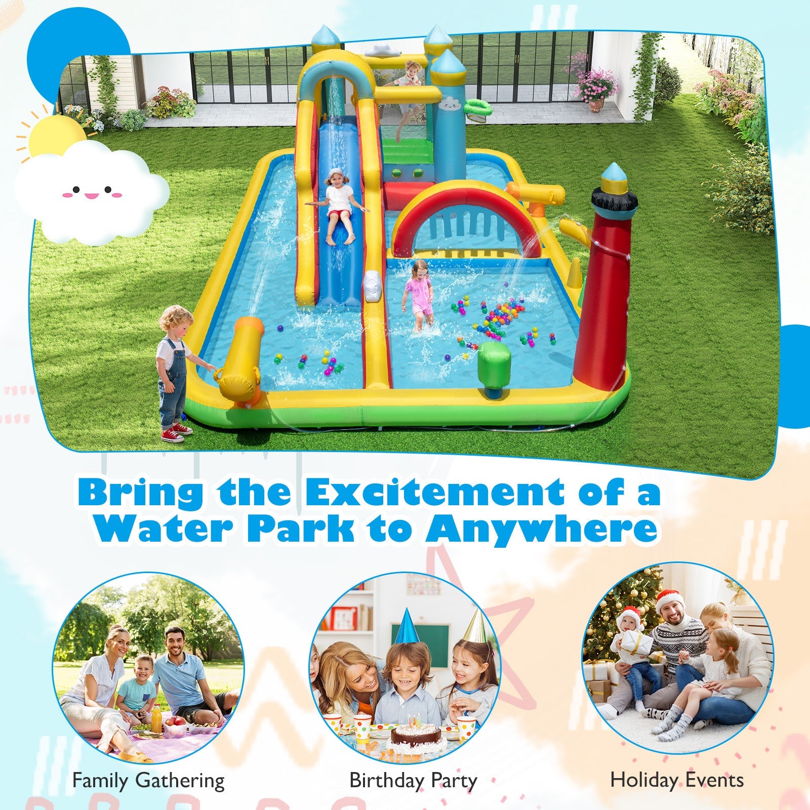 Inflatable Water Slide, Giant Water Park, Outdoor Wet & Dry Combo Bouncy for Yard Lawn