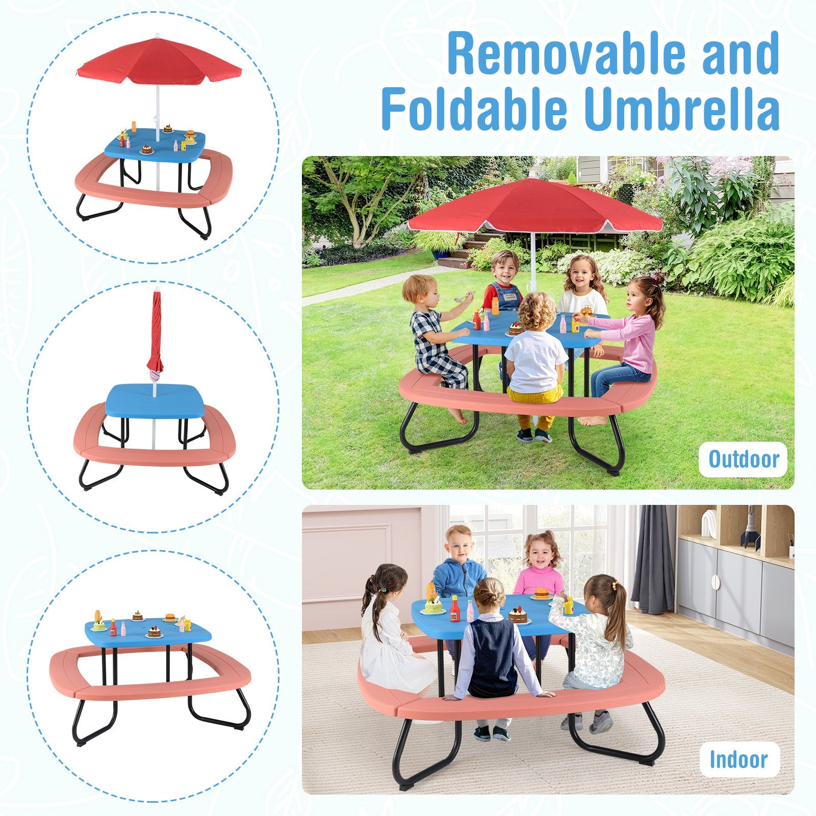 Kids Outdoor Activity Table w/Adjustable & Collapsible Umbrella for up to 8 Children