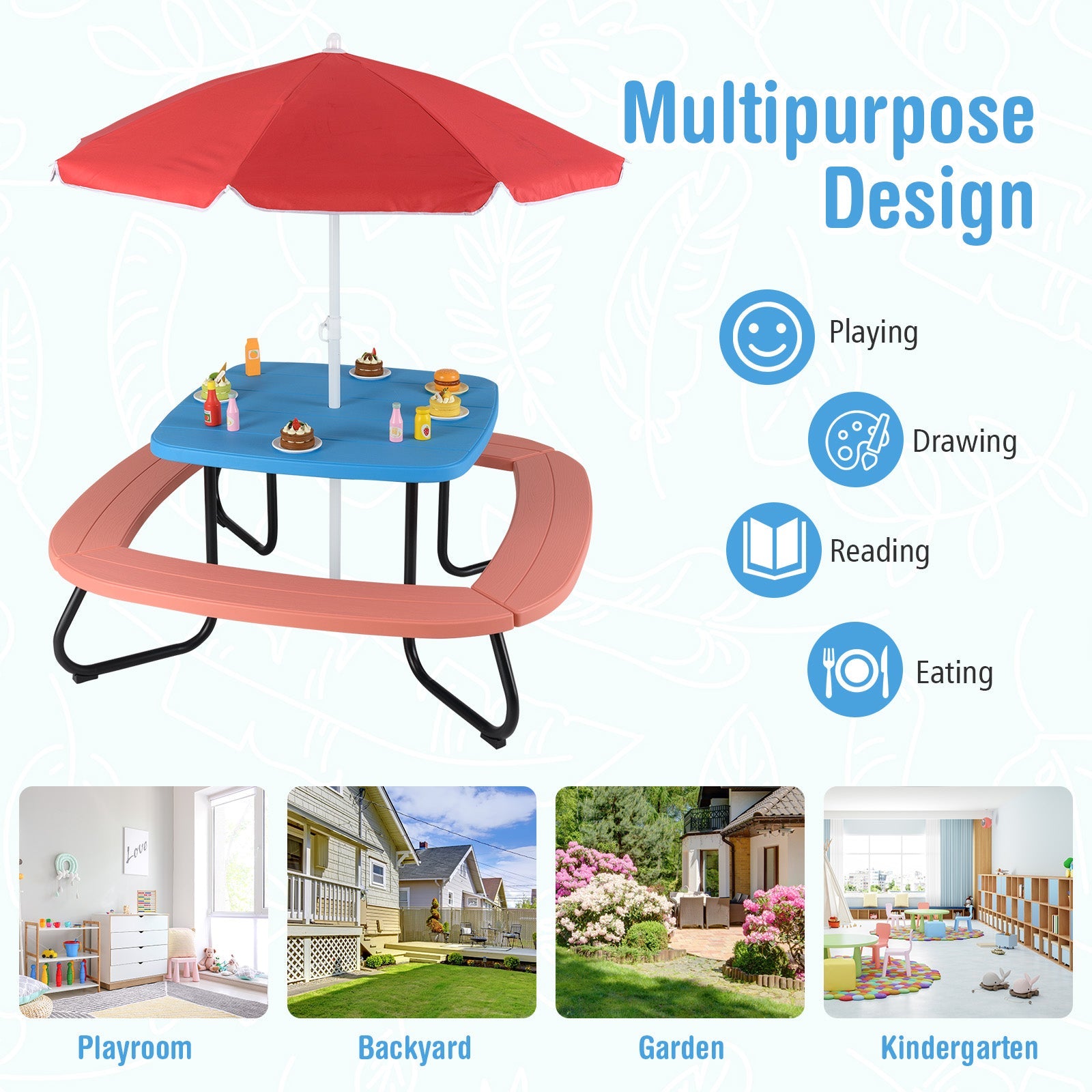 Kids Outdoor Activity Table w/Adjustable & Collapsible Umbrella for up to 8 Children