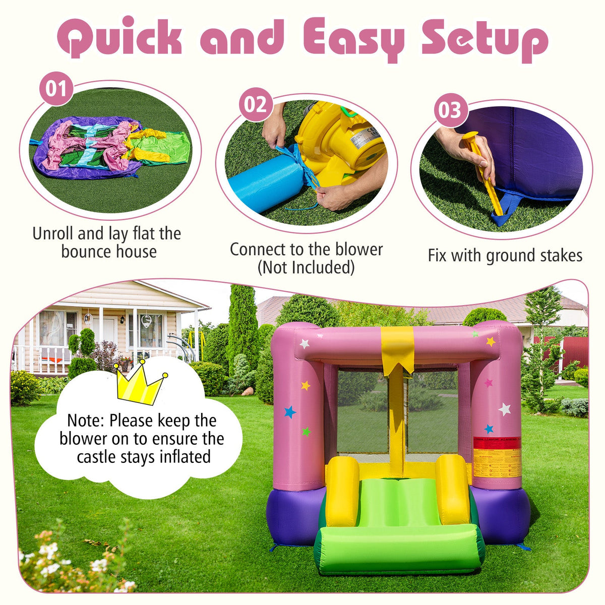 Inflatable Bounce House, Kids Bouncy Castle with Slide & Basketball Rim