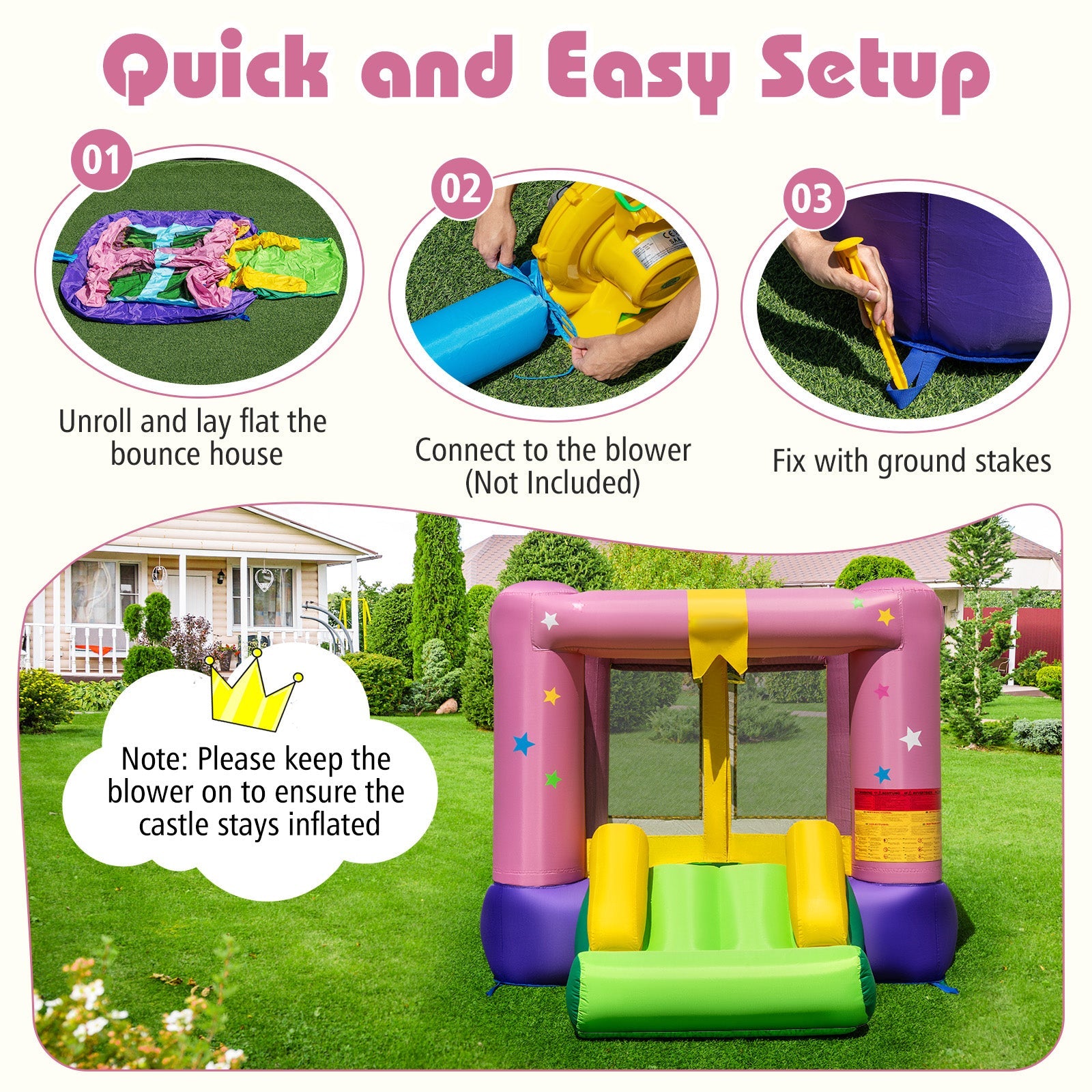 Inflatable Bounce House, Kids Bouncy Castle with Slide & Basketball Rim