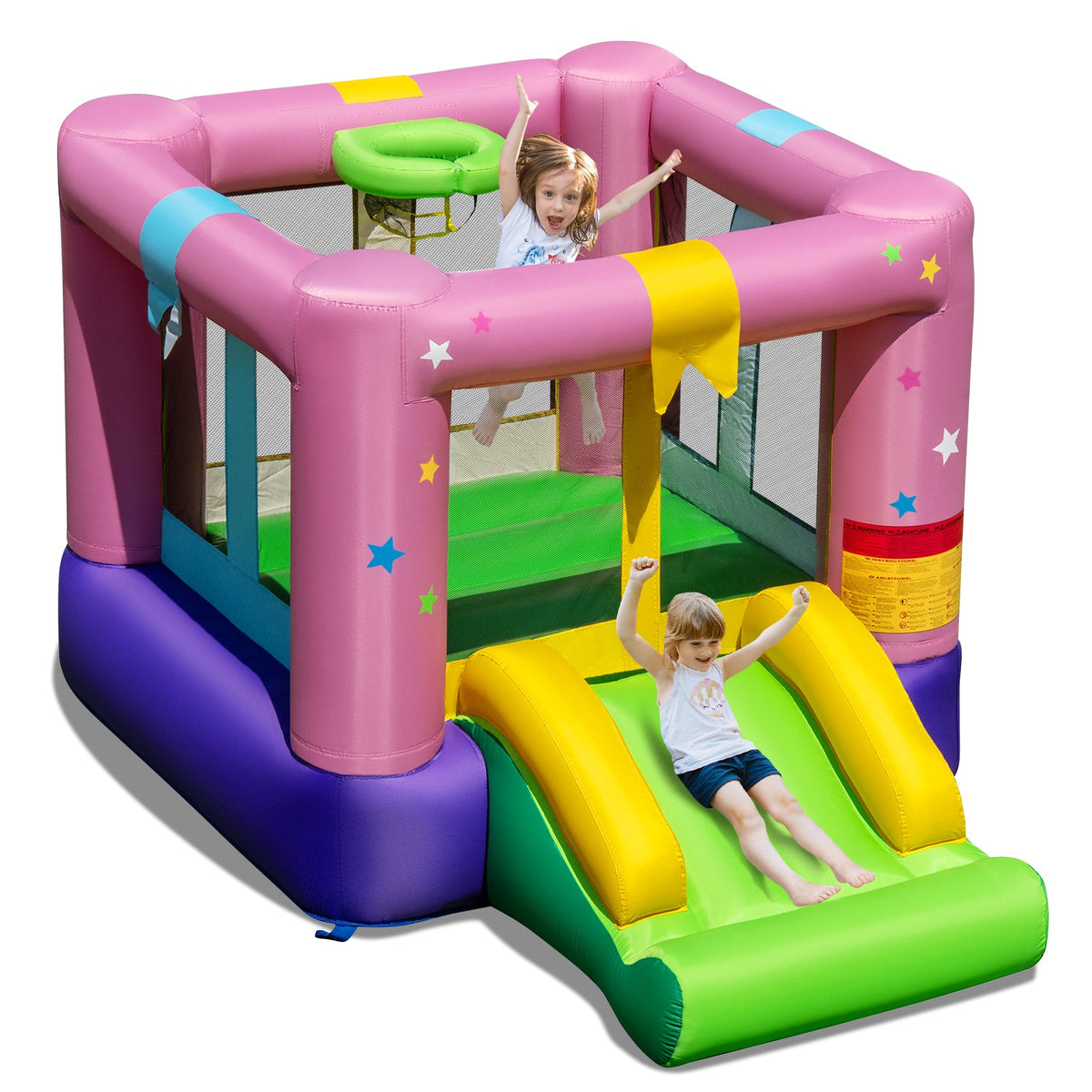 Inflatable Bounce House, Kids Bouncy Castle with Slide & Basketball Rim
