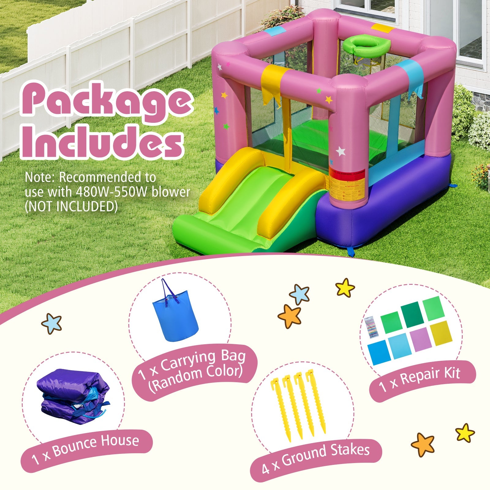 Inflatable Bounce House, Kids Bouncy Castle with Slide & Basketball Rim