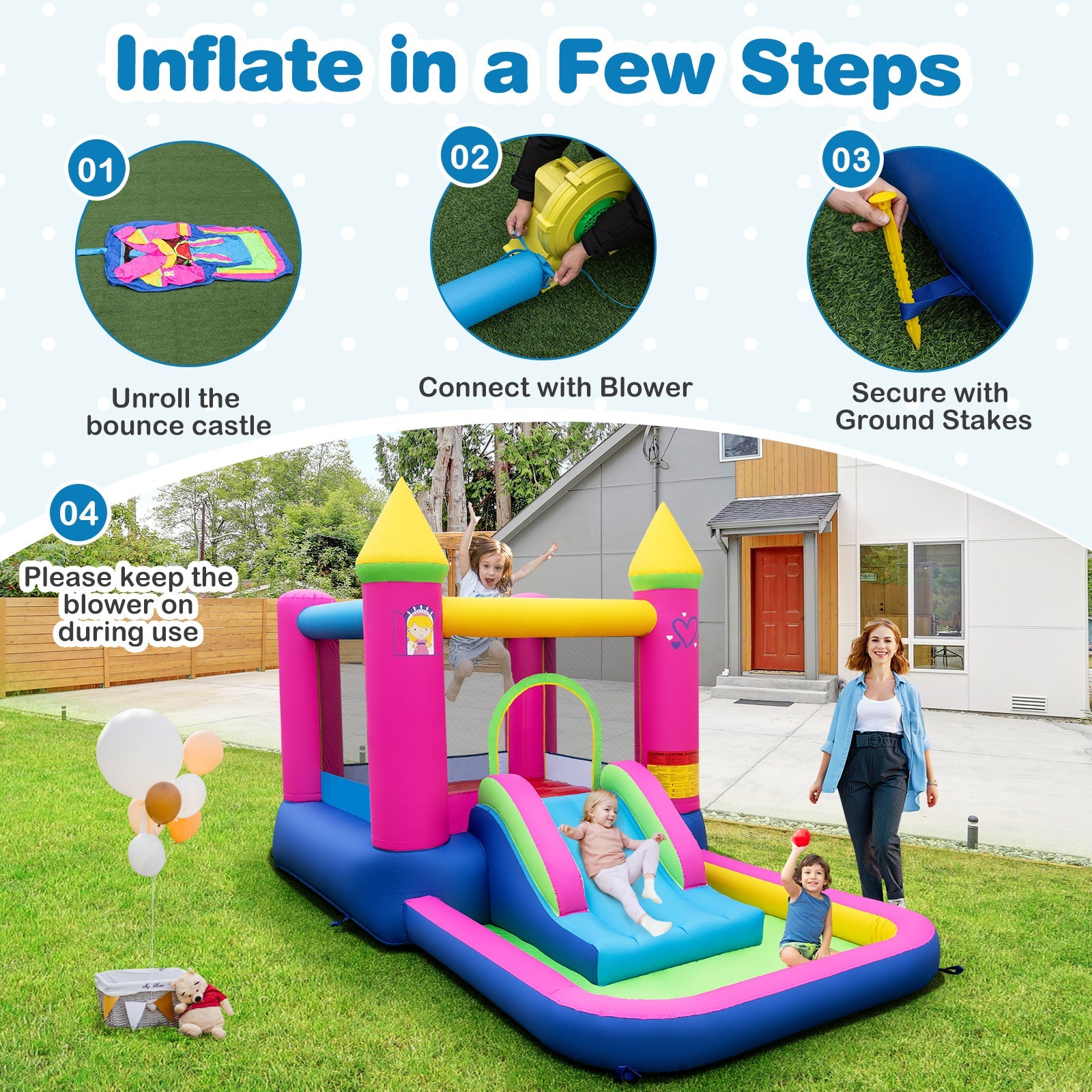 Inflatable Bounce House, 4-in-1 Kids Princess-themed Bouncer for Yard, Lawn, Party