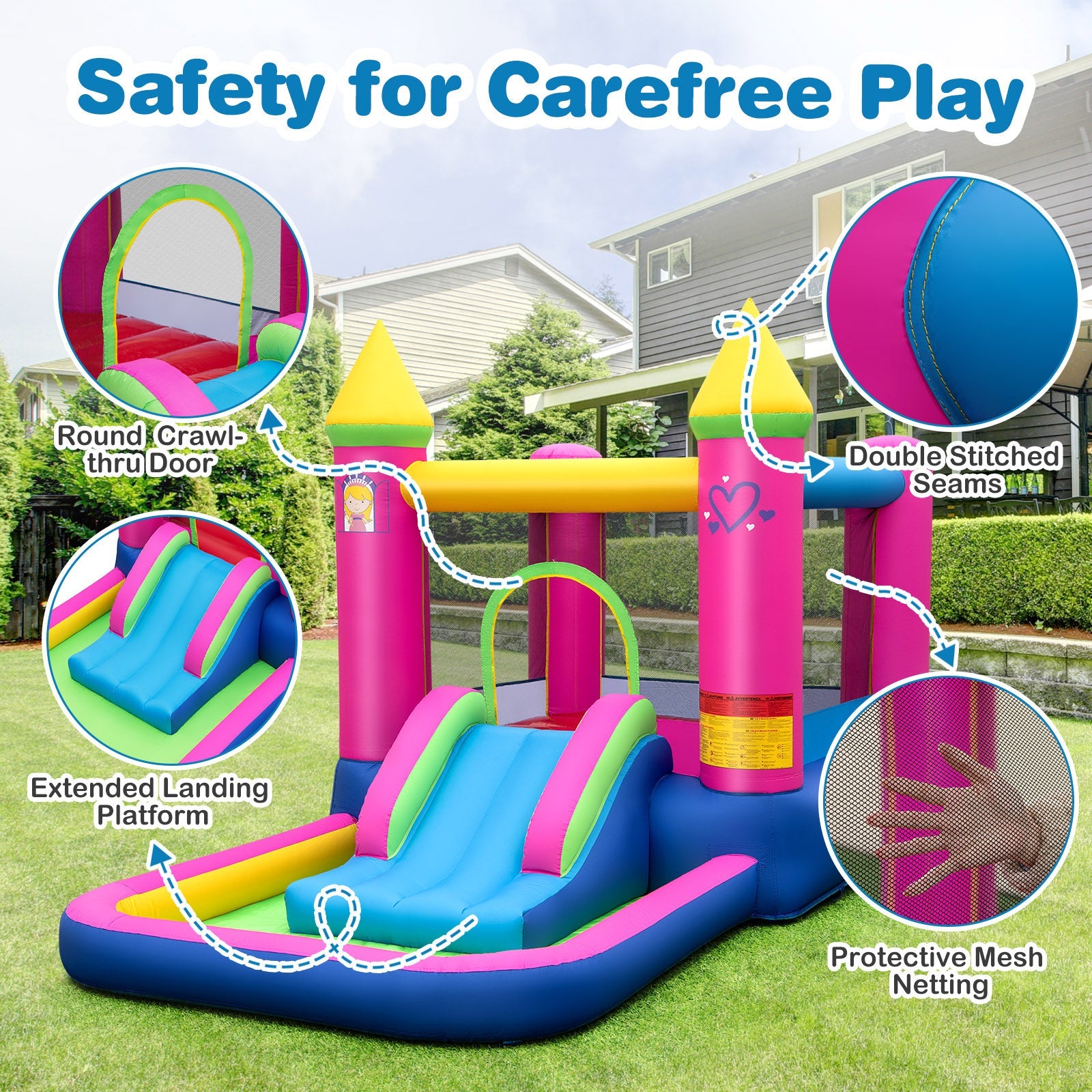 Inflatable Bounce House, 4-in-1 Kids Princess-themed Bouncer for Yard, Lawn, Party