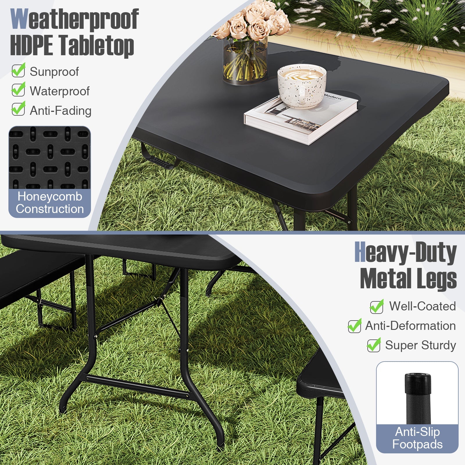 180cm Outdoor Portable Folding Table, 160kg Fold-in-Half Table w/ HDPE Tabletop, Safe Lock Mechanism, Patio Folding Dining Table w/ Carrying Handle for Party, Picnic, Camping