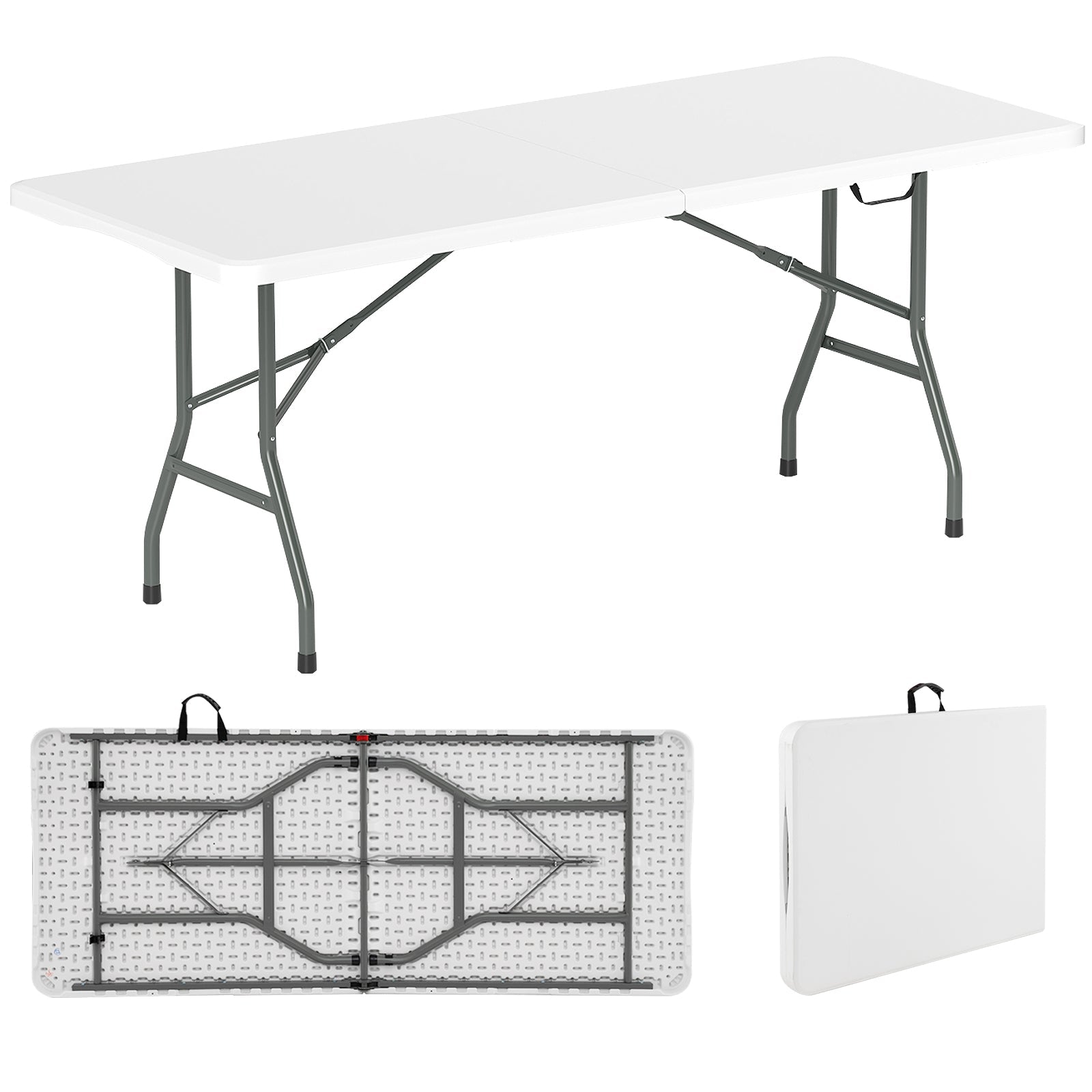 180cm Outdoor Portable Folding Table, 160kg Fold-in-Half Table w/ HDPE Tabletop, Safe Lock Mechanism, Patio Folding Dining Table w/ Carrying Handle for Party, Picnic, Camping