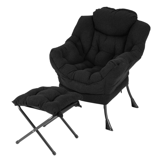 Lazy Chair with Ottoman, Modern Accent Chair with Folding Footrest, Head Pillow, Armrests, Storage Pocket