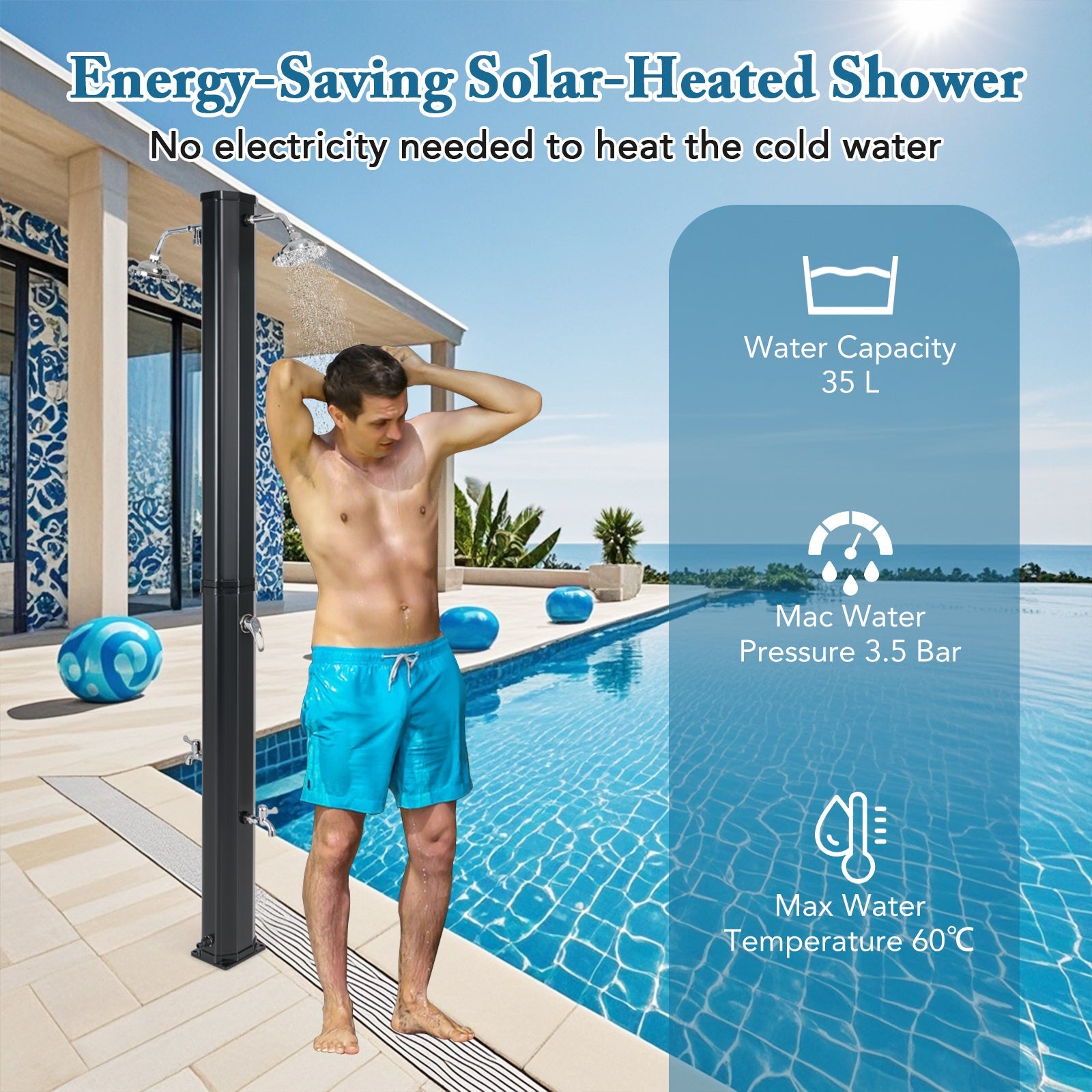 35 L Solar Heated Outdoor Shower w/ Dual Shower Heads, 2.2 M Outdoor Shower w/ 2 Swivel Shower Heads & 2 Foot Showers