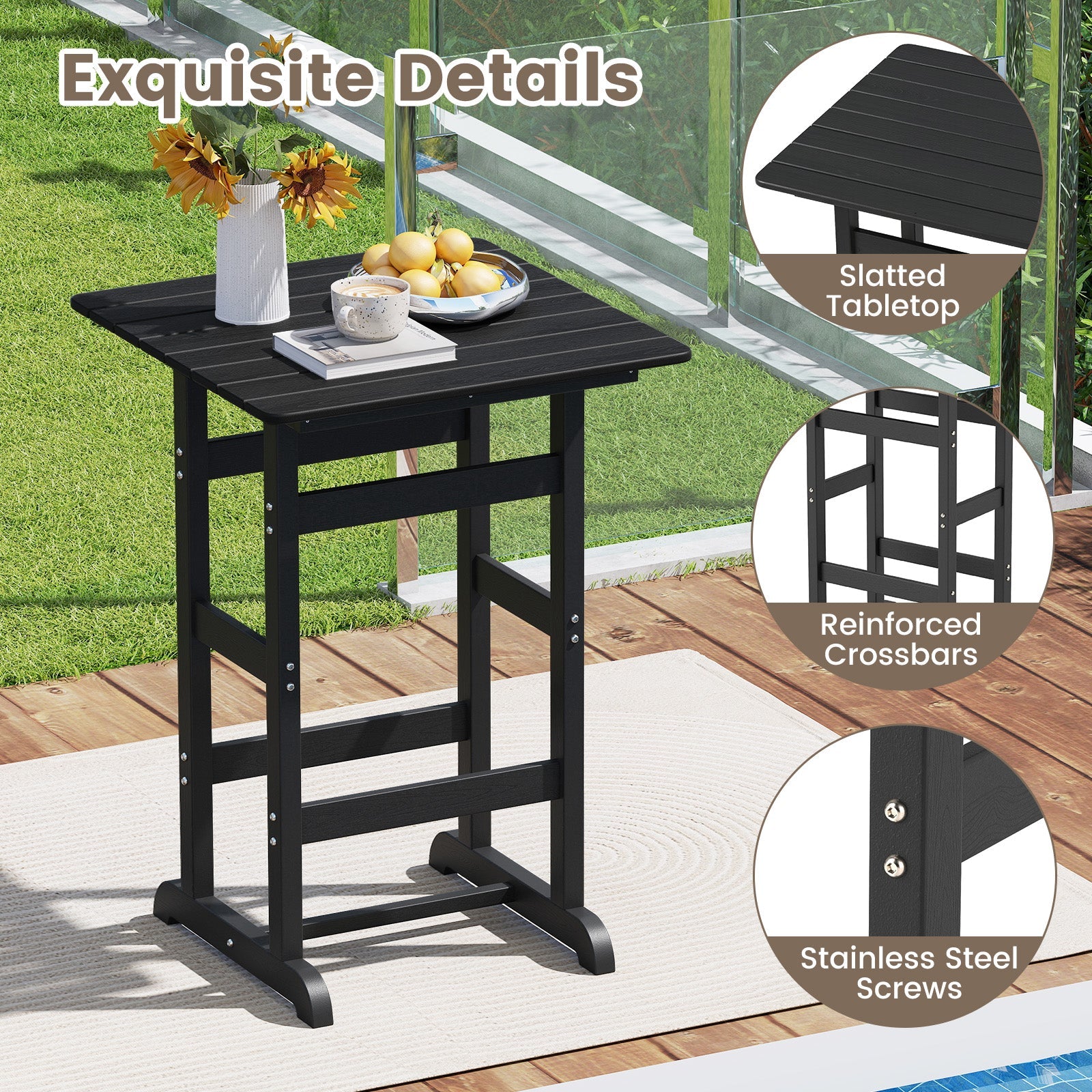 76cm x 76cm Square Bar Table, Patio HDPE Bar Height Dining Table w/Slatted Tabletop