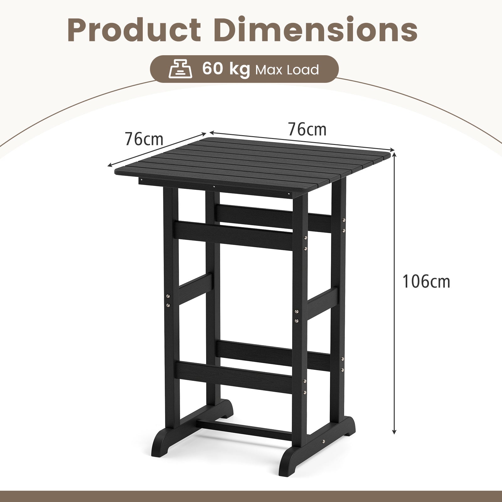 76cm x 76cm Square Bar Table, Patio HDPE Bar Height Dining Table w/Slatted Tabletop