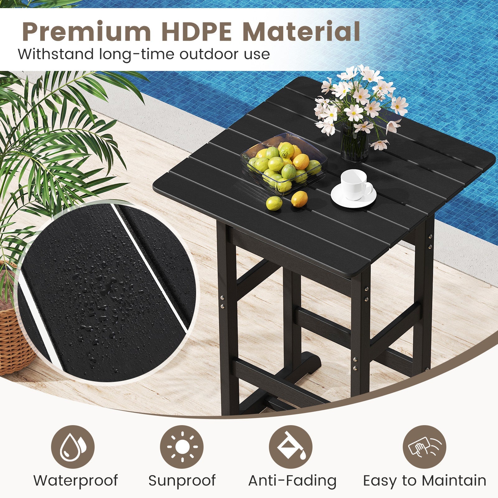 76cm x 76cm Square Bar Table, Patio HDPE Bar Height Dining Table w/Slatted Tabletop