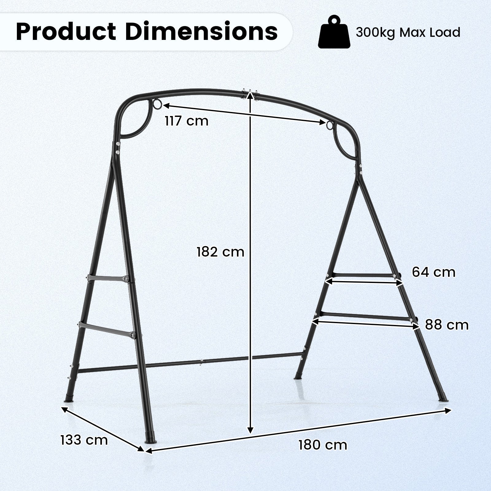 Patio Metal Swing Stand, Heavy-Duty A-Shaped Porch Swing Frame w/Double Side Bars & 2-Ring Design
