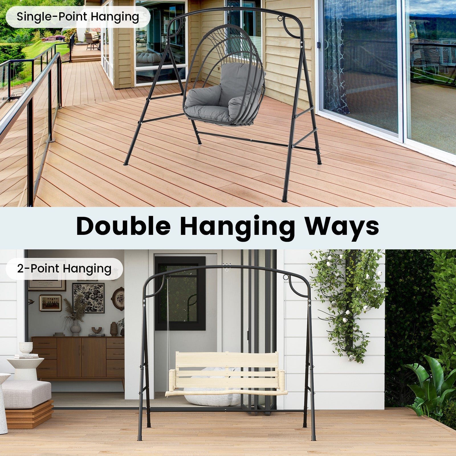 Patio Metal Swing Stand, Heavy-Duty A-Shaped Porch Swing Frame w/Double Side Bars & 2-Ring Design