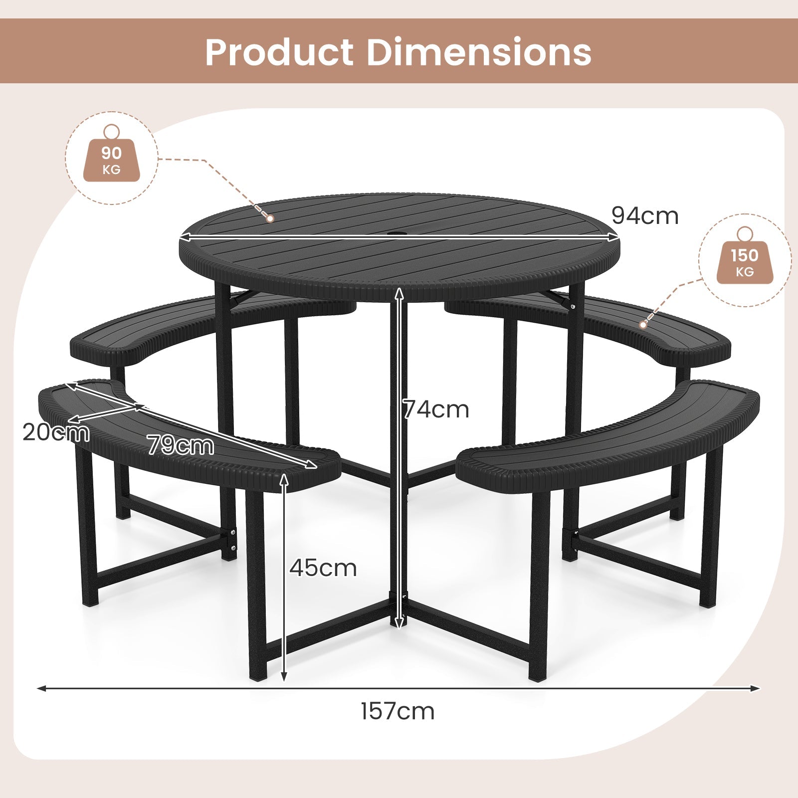 Round Picnic Table Bench Set, Outdoor Circular Picnic Table with 4 Benches