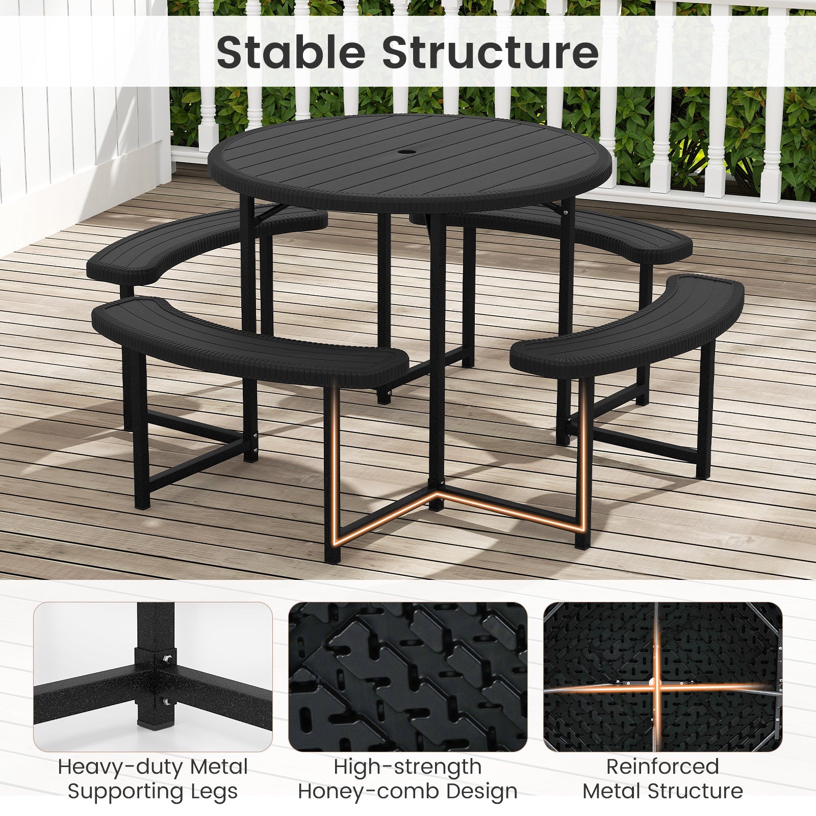 Round Picnic Table Bench Set, Outdoor Circular Picnic Table with 4 Benches