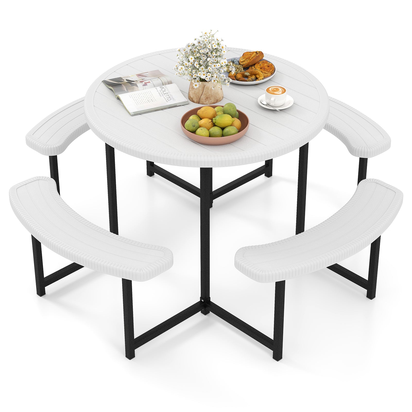 Round Picnic Table Bench Set, Outdoor Circular Picnic Table with 4 Benches