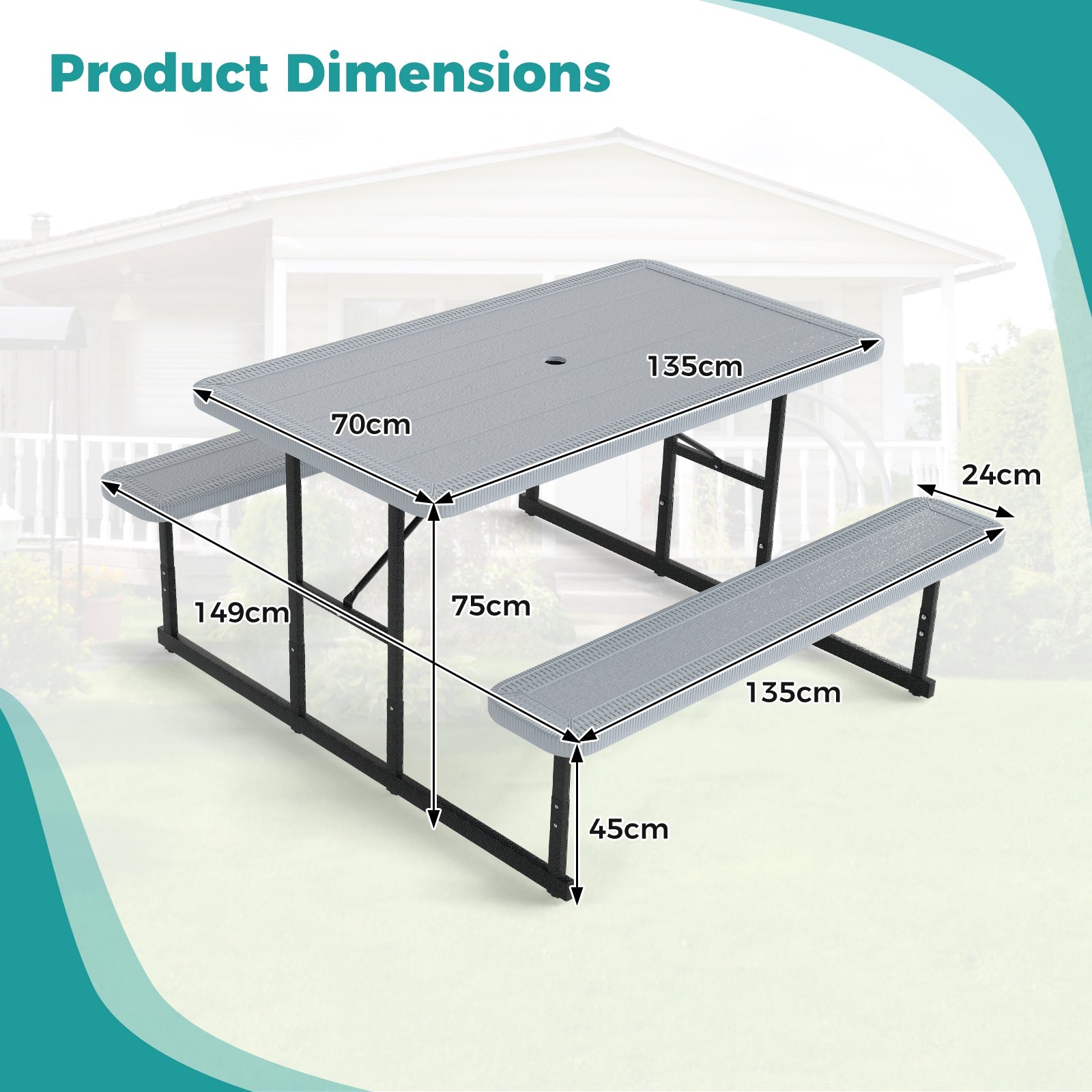 Outdoor Rectangular Camping Dining Table & 2 Benches w/Umbrella Hole