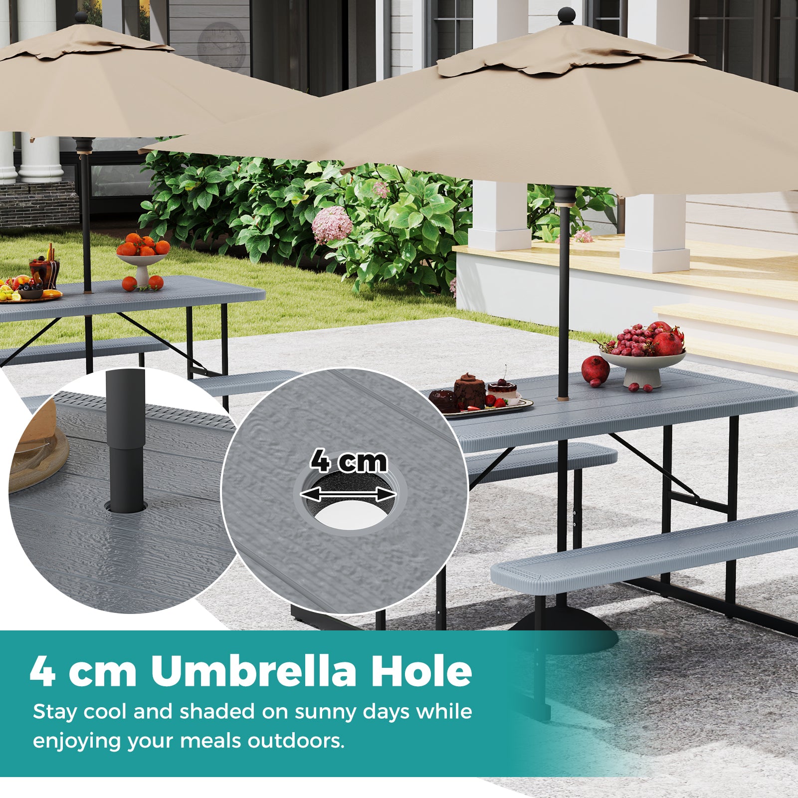 Outdoor Rectangular Camping Dining Table & 2 Benches w/Umbrella Hole