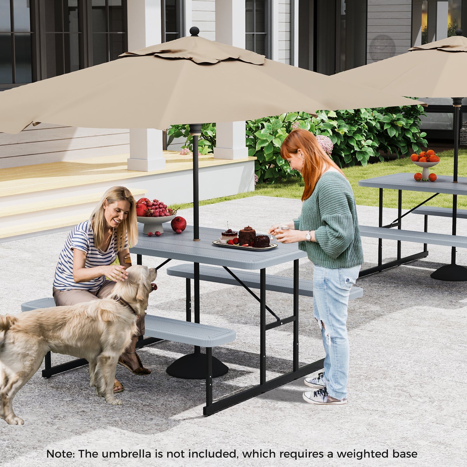 Outdoor Rectangular Camping Dining Table & 2 Benches w/Umbrella Hole