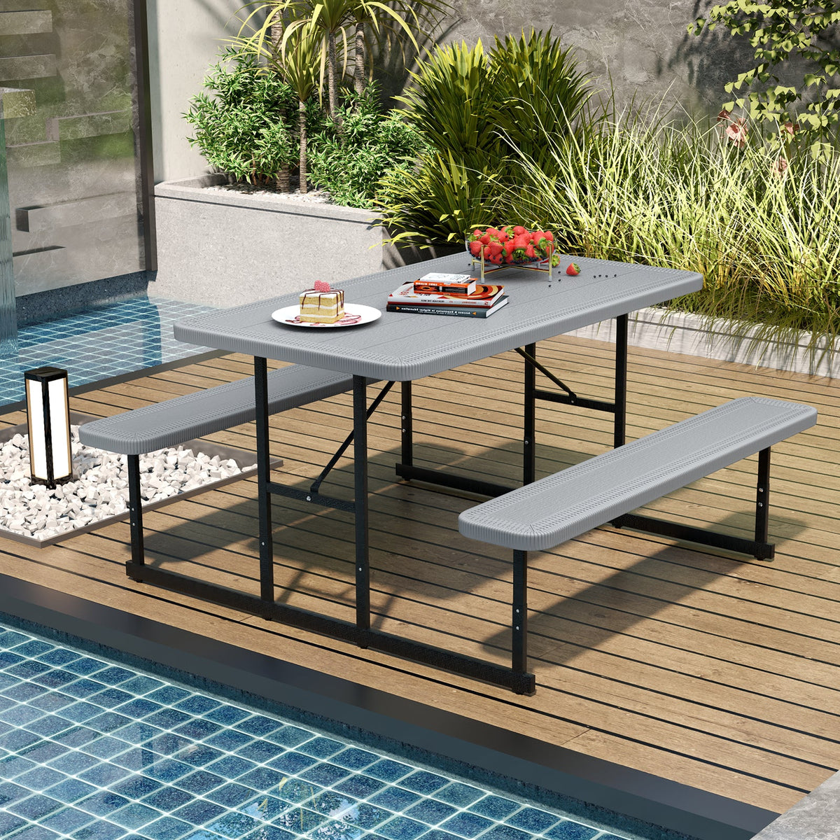 Outdoor Rectangular Camping Dining Table & 2 Benches w/Umbrella Hole