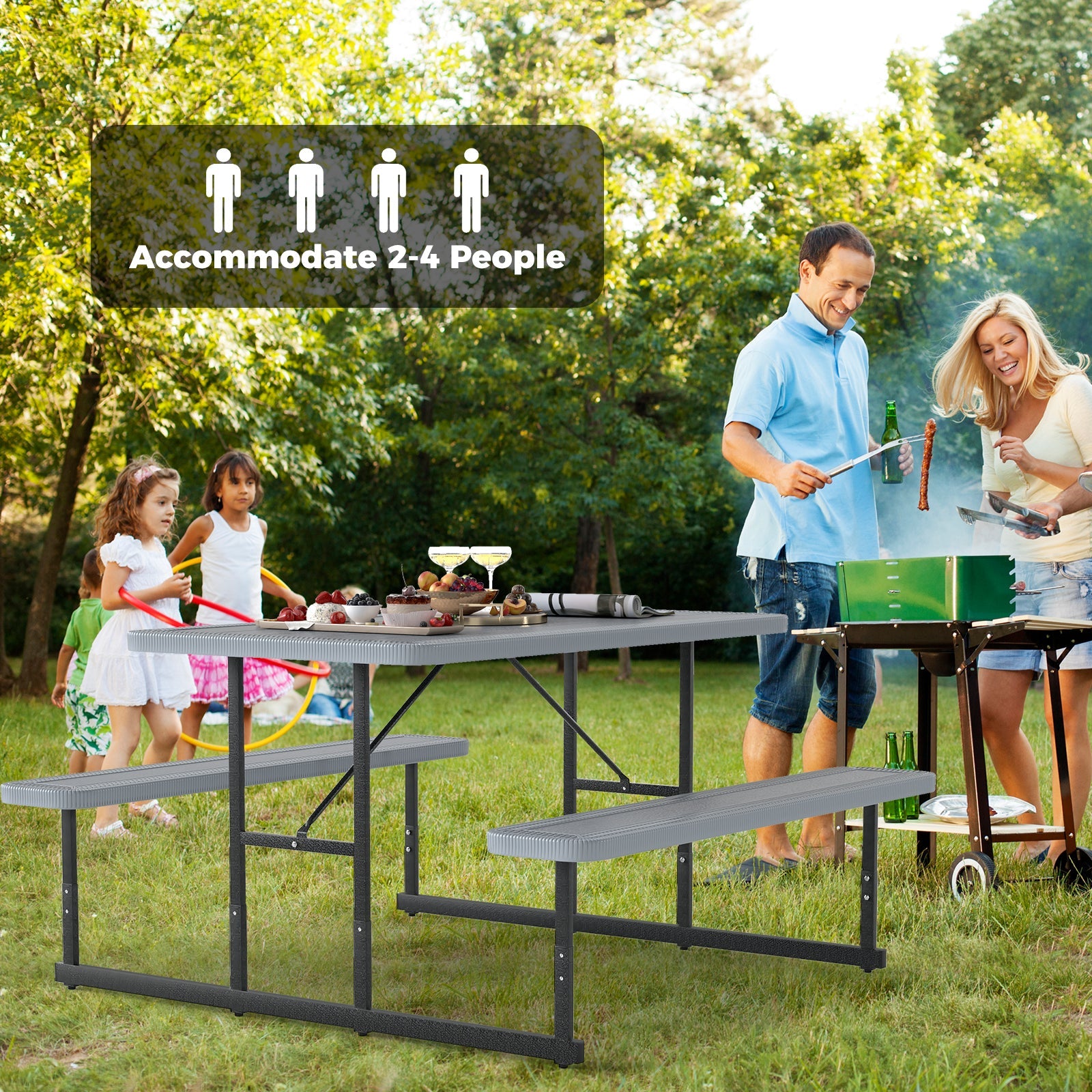 Outdoor Rectangular Camping Dining Table & 2 Benches w/Umbrella Hole