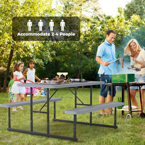 Outdoor Rectangular Camping Dining Table & 2 Benches w/Umbrella Hole
