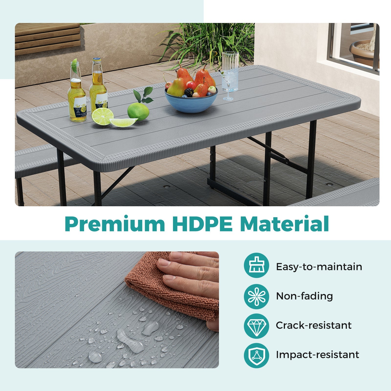 Outdoor Rectangular Camping Dining Table & 2 Benches w/Umbrella Hole