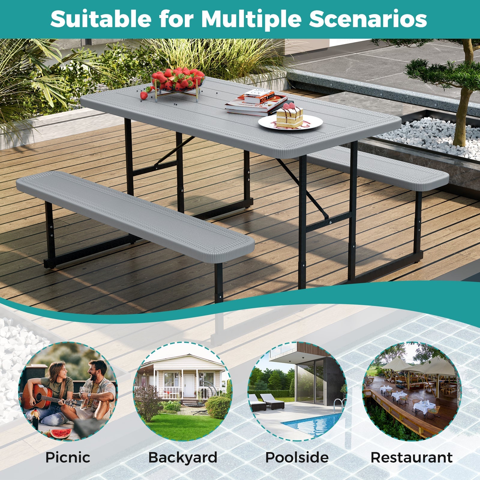 Outdoor Rectangular Camping Dining Table & 2 Benches w/Umbrella Hole