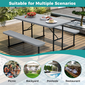 Outdoor Rectangular Camping Dining Table & 2 Benches w/Umbrella Hole
