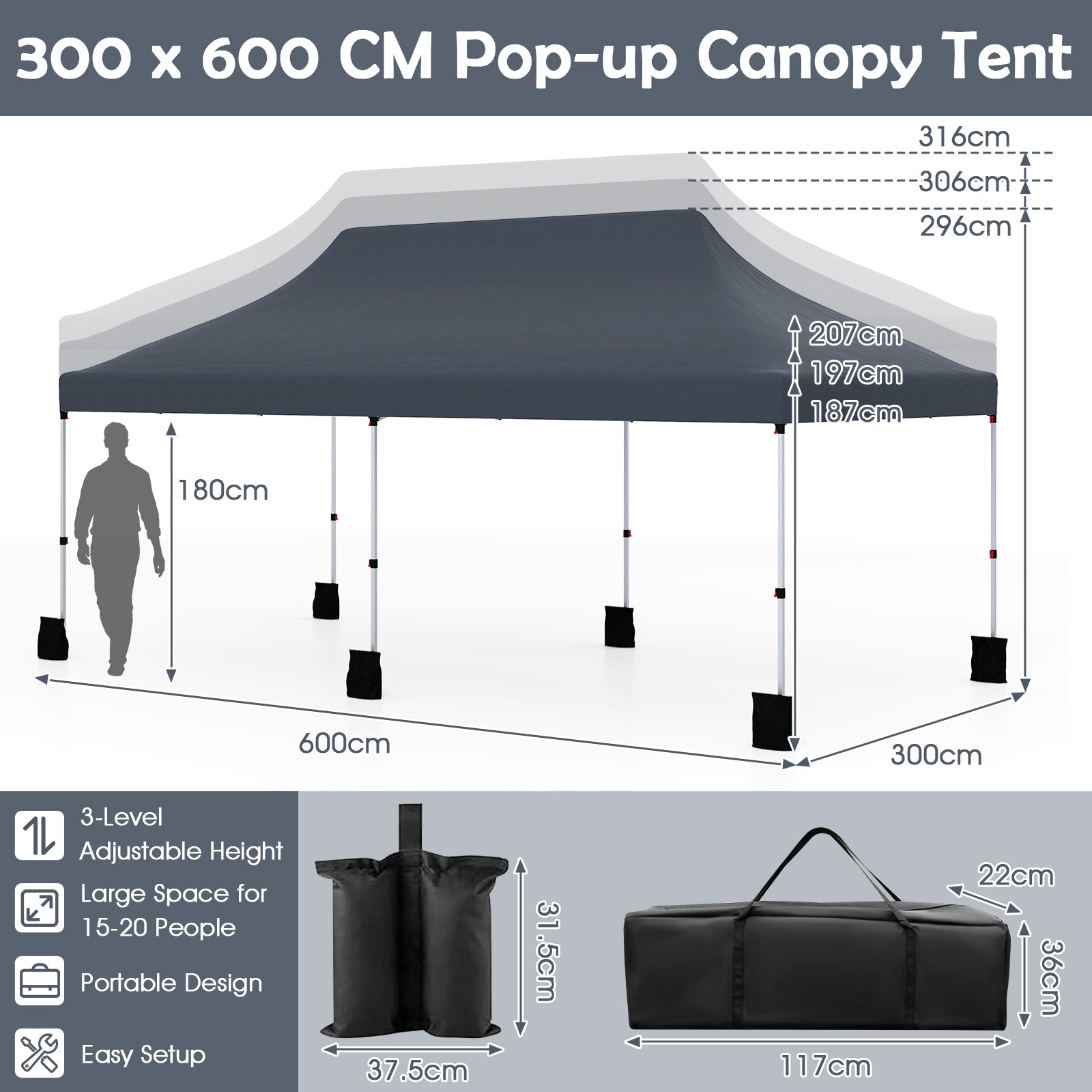3 X 6 M Pop up Canopy Tent, Foldable Portable Outdoor Gazebo w/ Carry Bag, 6 Sandbags