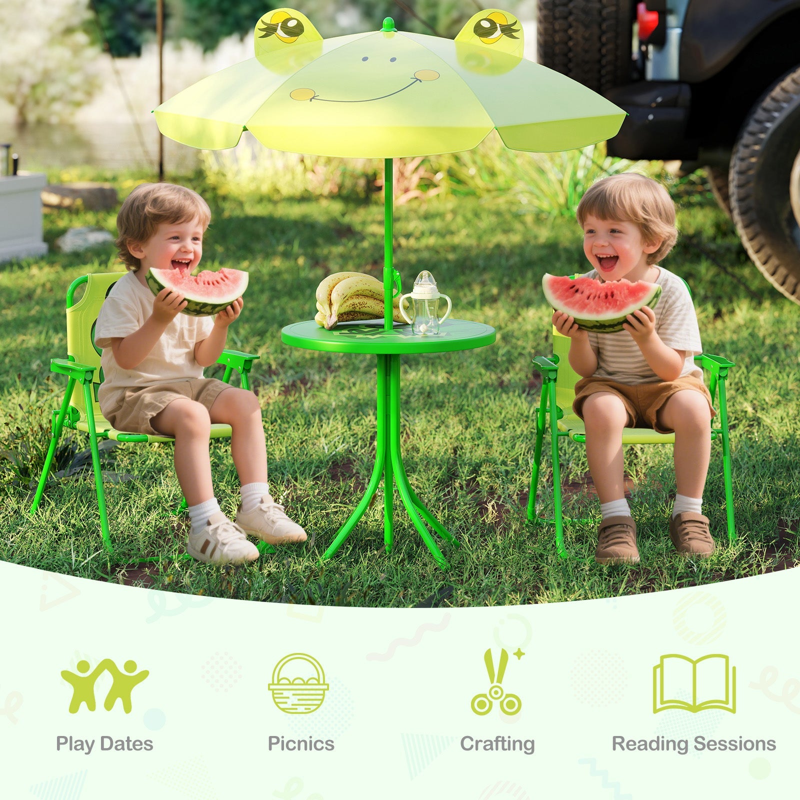 Baby Joy Toddler Outdoor Activity Table with 2 Folding Chairs & a Height Adjustable Umbrella