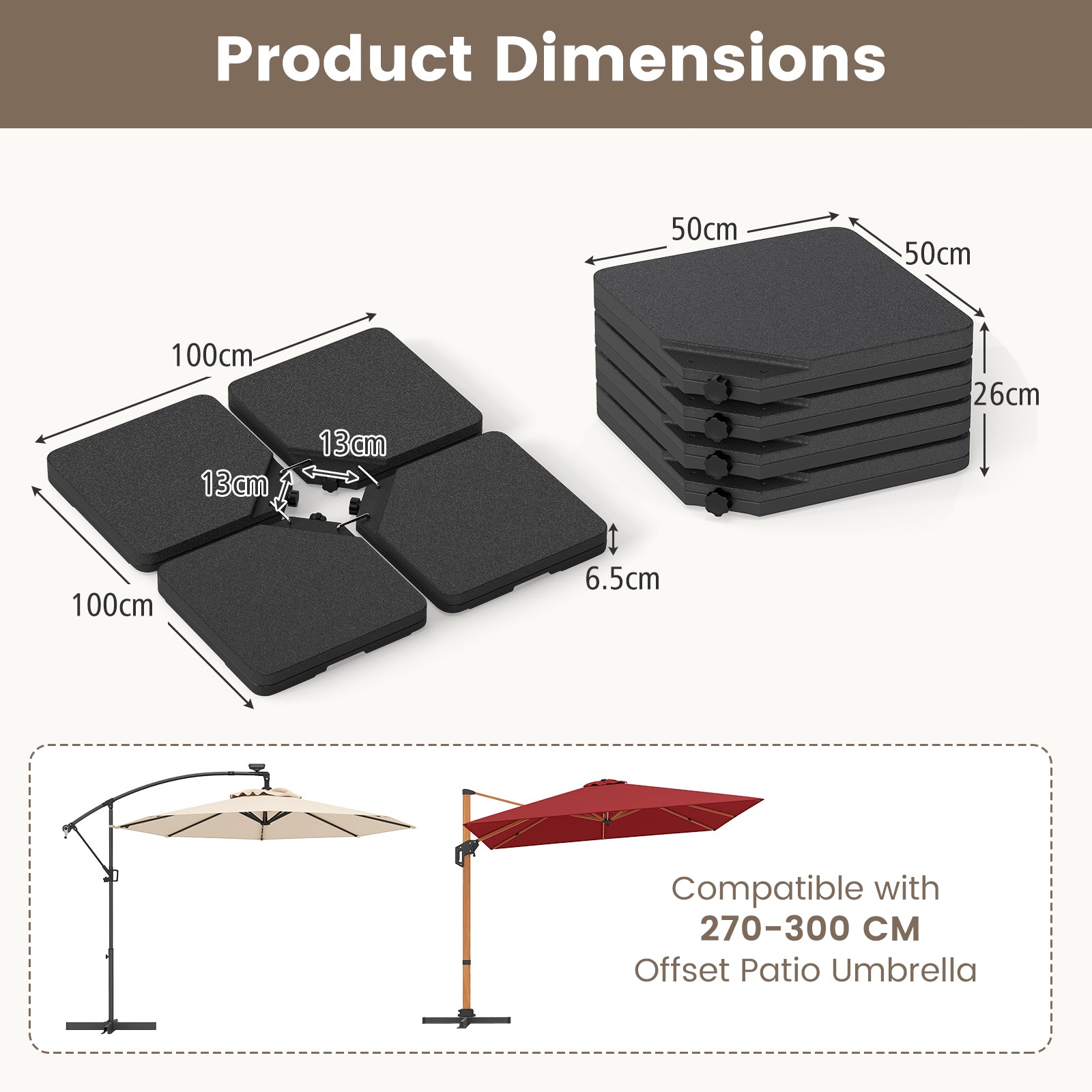 Patio Offset Umbrella Base, 100kg Capacity, Heavy-Duty 4-Piece Square Plate Set