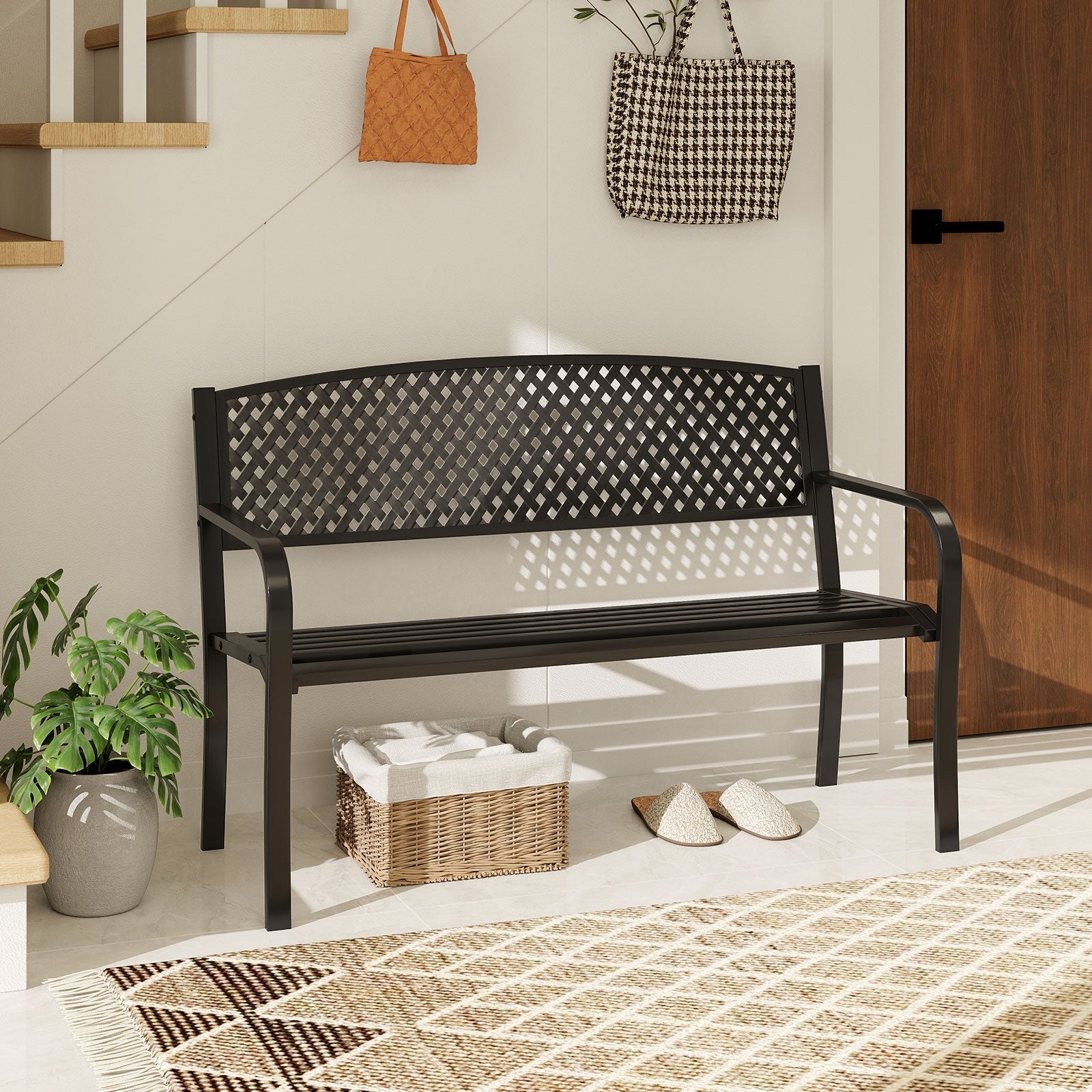 Outdoor Bench with Patterned Backrest and Curved Armrests