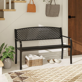 Outdoor Bench with Patterned Backrest and Curved Armrests