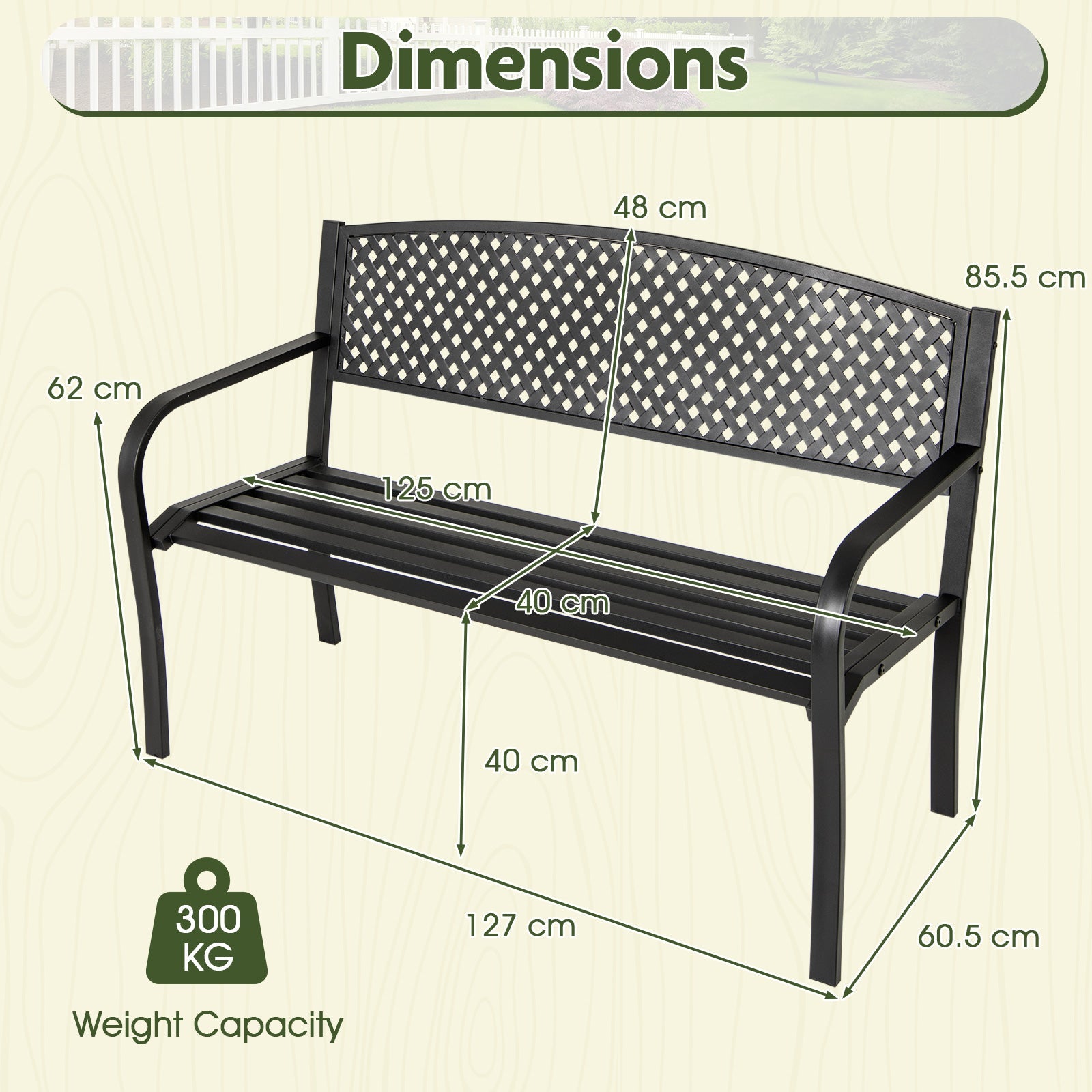 Outdoor Bench with Patterned Backrest and Curved Armrests