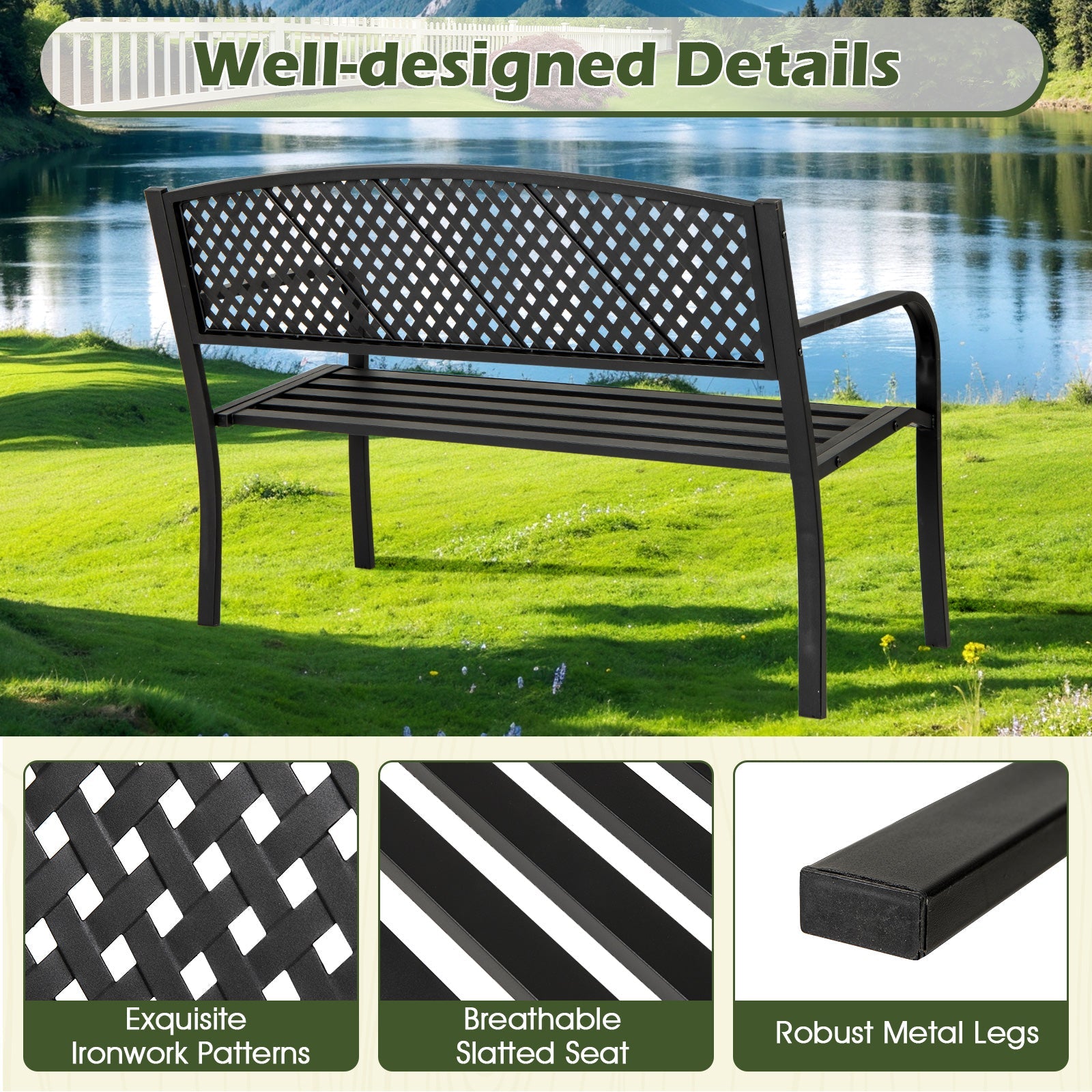 Outdoor Bench with Patterned Backrest and Curved Armrests