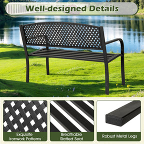 Outdoor Bench with Patterned Backrest and Curved Armrests