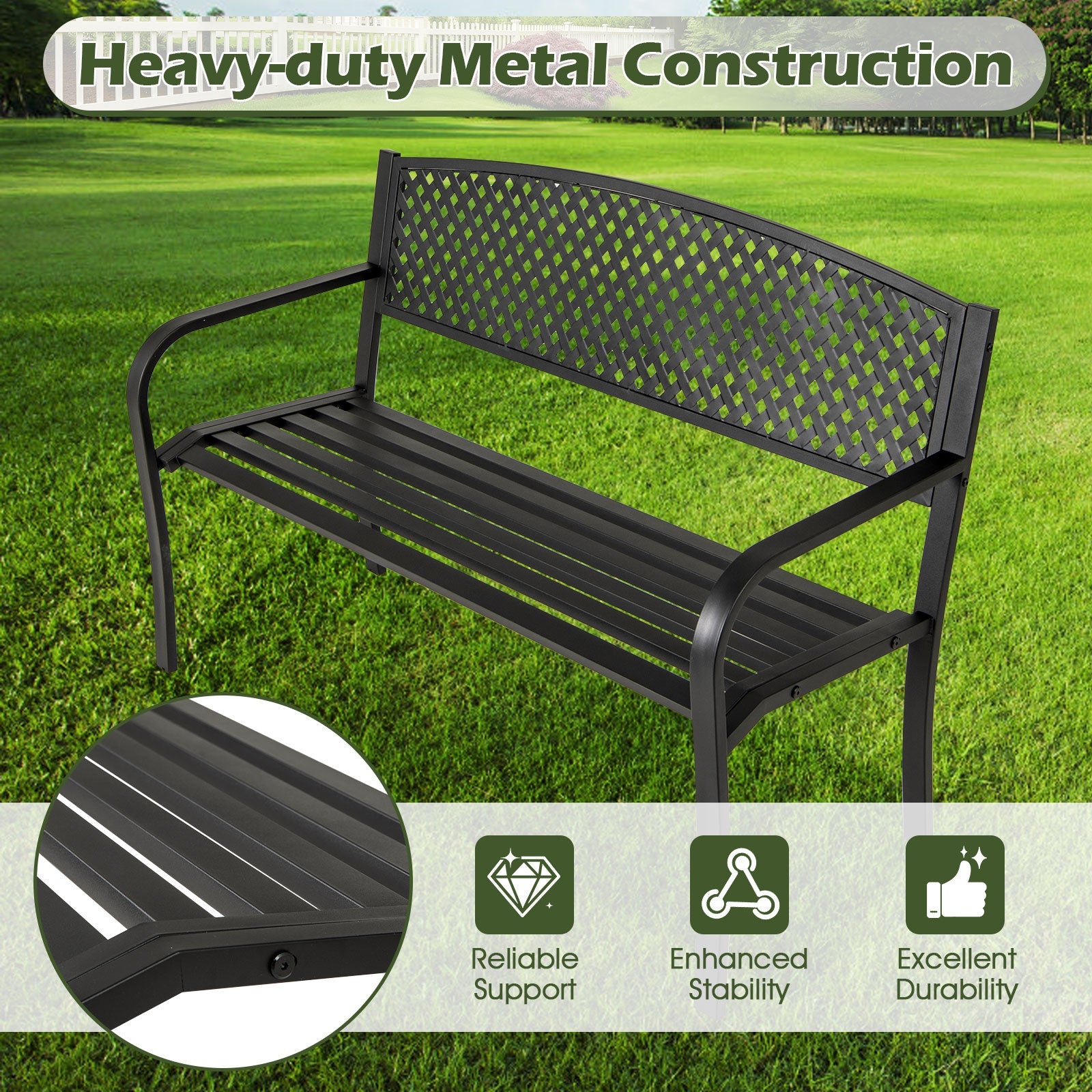 Outdoor Bench with Patterned Backrest and Curved Armrests