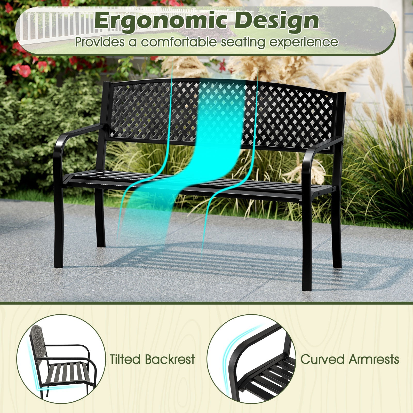 Outdoor Bench with Patterned Backrest and Curved Armrests
