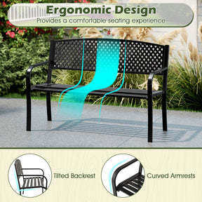 Outdoor Bench with Patterned Backrest and Curved Armrests